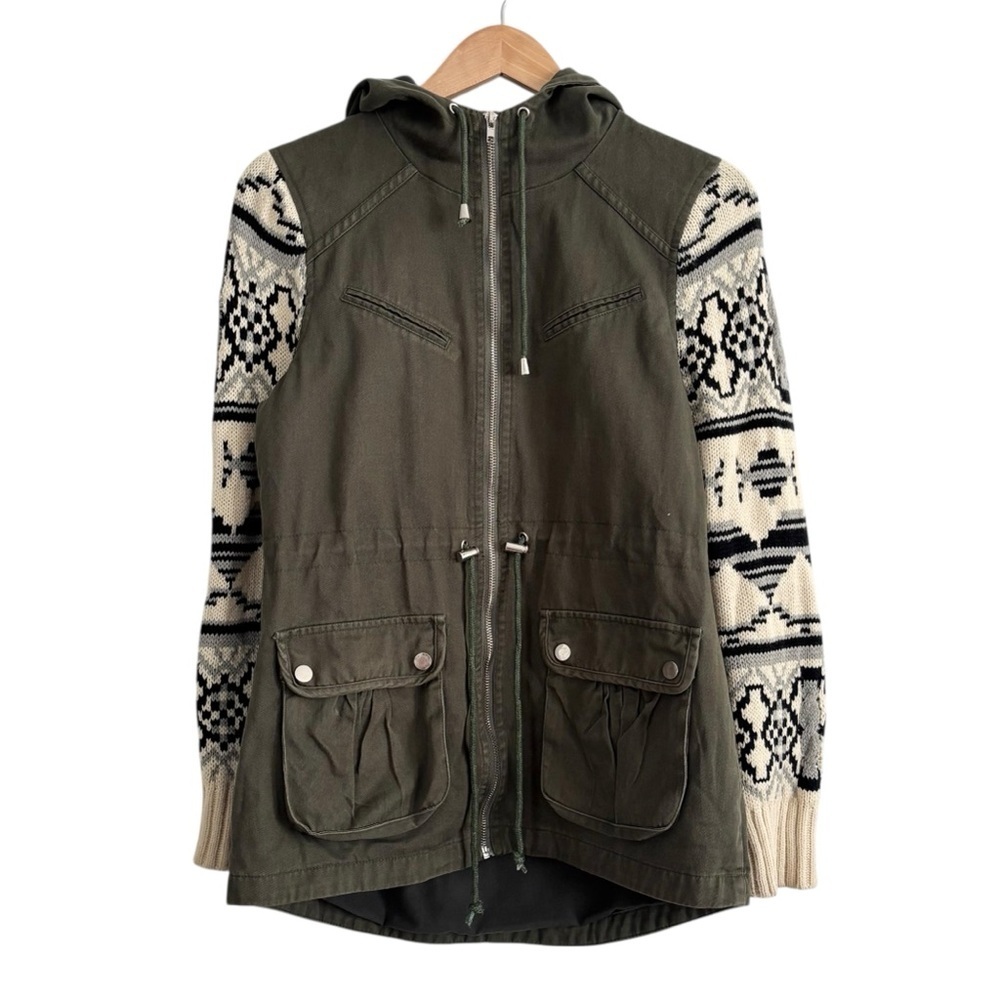 Fate Military Olive Cotton Jacket with Knitted Patterned Sleeves